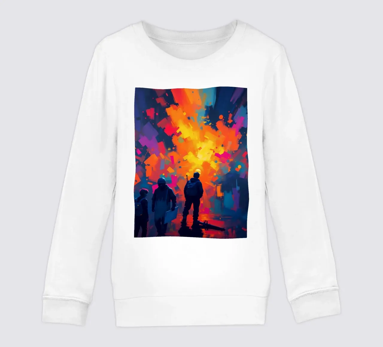 Tre figure guardano una vibrante esplosione di colore in mezzo a felpa bambino da DesignDoodle