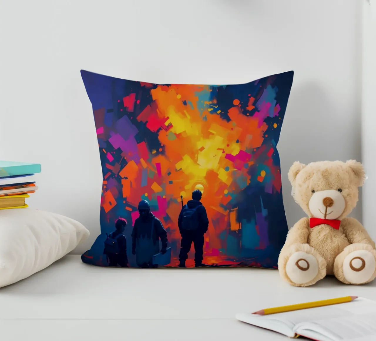 Tre figure guardano una vibrante esplosione di colore in mezzo a cuscino da DesignDoodle