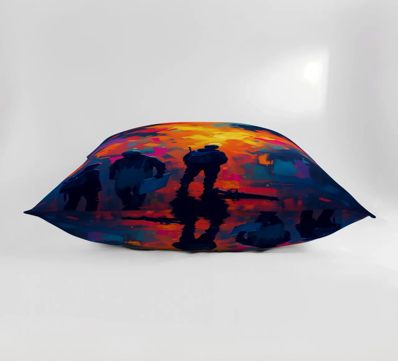 Tre figure guardano una vibrante esplosione di colore in mezzo a cuscino da DesignDoodle