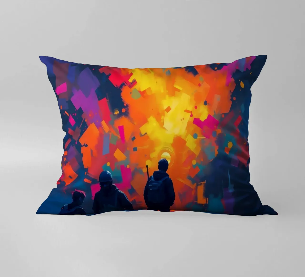 Tre figure guardano una vibrante esplosione di colore in mezzo a cuscino da DesignDoodle