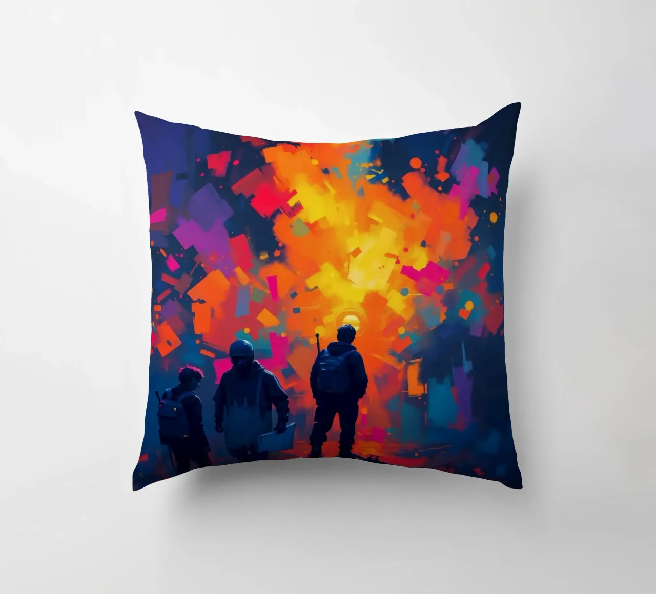 Tre figure guardano una vibrante esplosione di colore in mezzo a cuscino da DesignDoodle