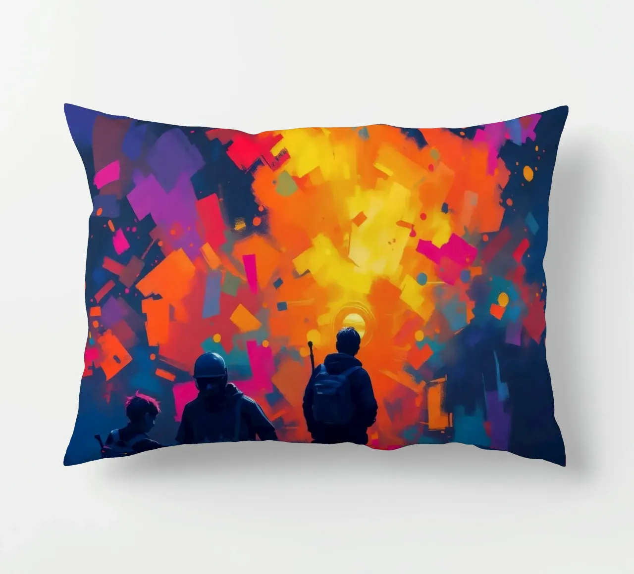 Tre figure guardano una vibrante esplosione di colore in mezzo a cuscino da DesignDoodle