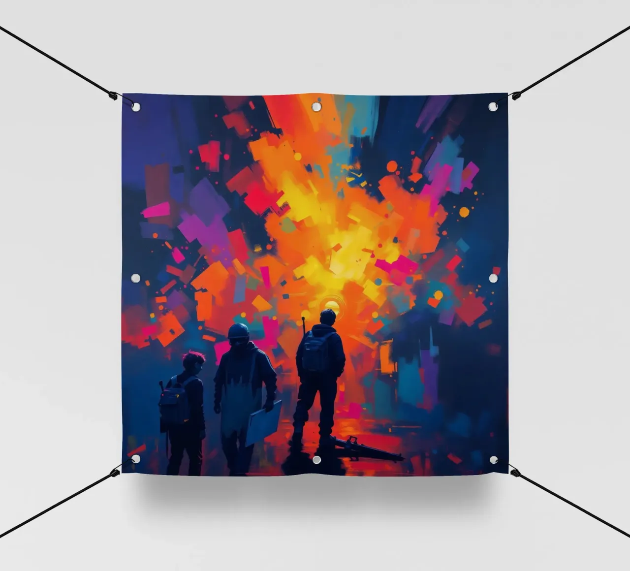 Tre figure guardano una vibrante esplosione di colore in mezzo a telo in pvc da DesignDoodle