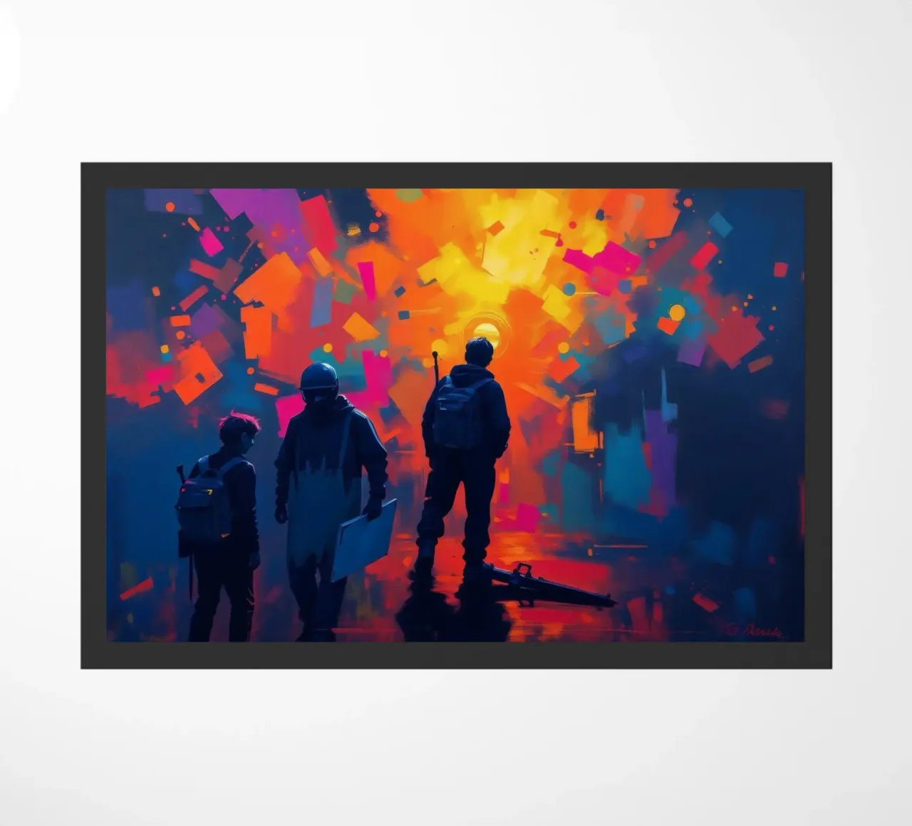 Tre figure guardano una vibrante esplosione di colore in mezzo a zerbino da DesignDoodle