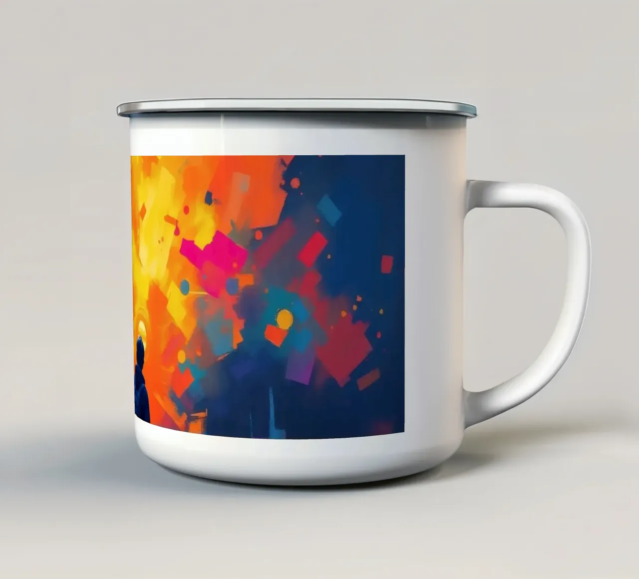 Tre figure guardano una vibrante esplosione di colore in mezzo a tazza in smalto da DesignDoodle