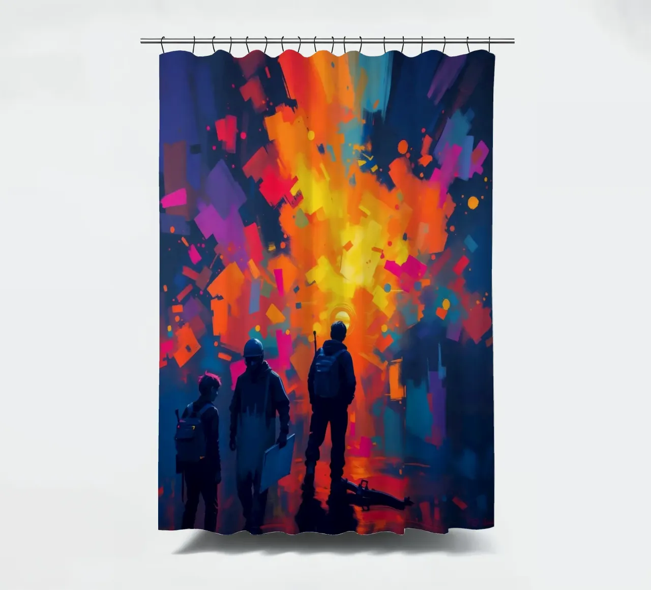 Tre figure guardano una vibrante esplosione di colore in mezzo a tenda da doccia da DesignDoodle