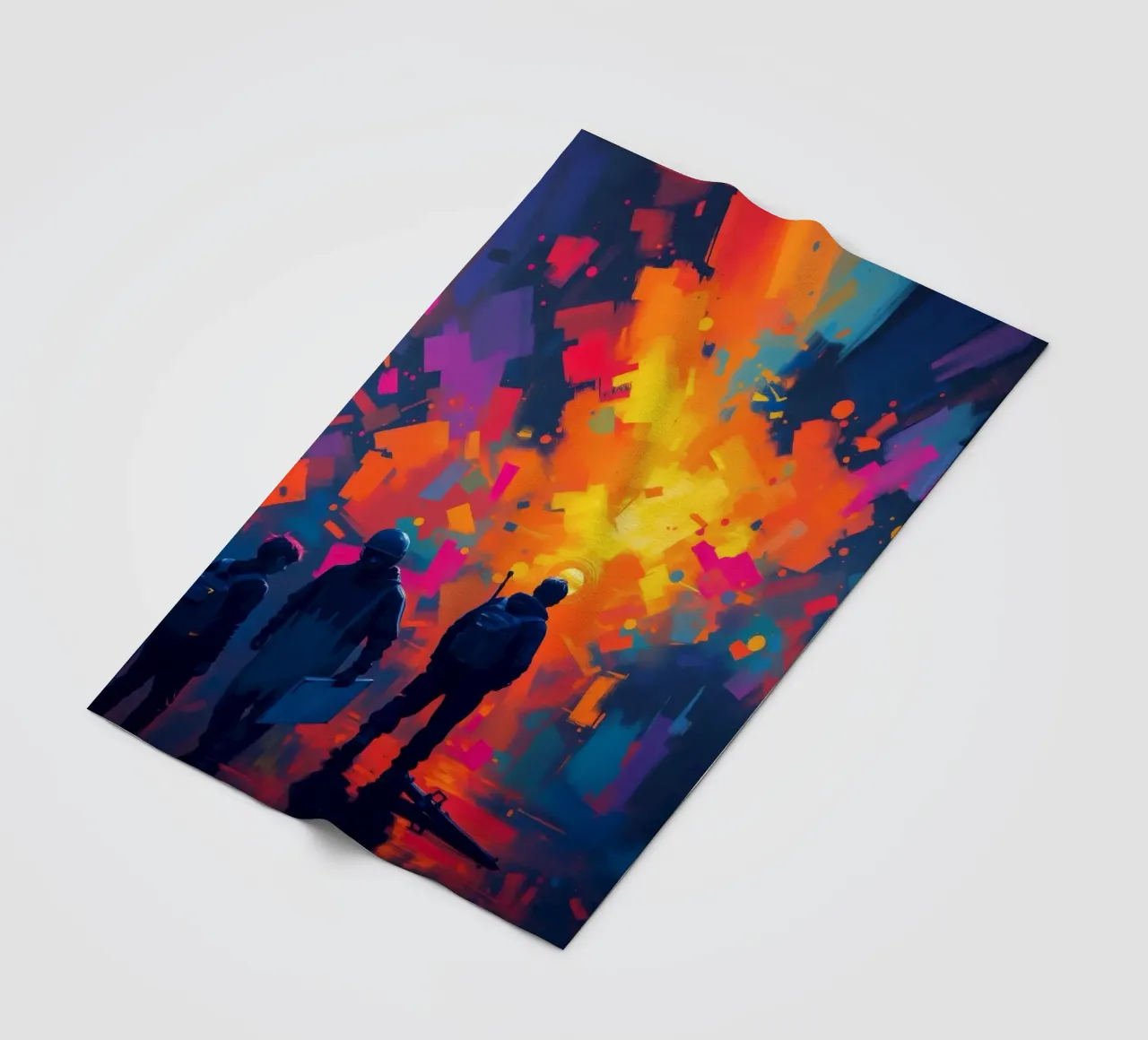 Tre figure guardano una vibrante esplosione di colore in mezzo a coperta in pile da DesignDoodle