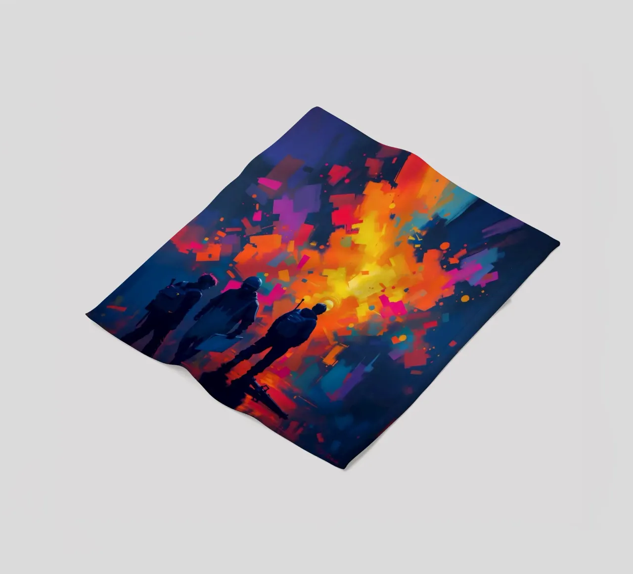 Tre figure guardano una vibrante esplosione di colore in mezzo a coperta in pile da DesignDoodle