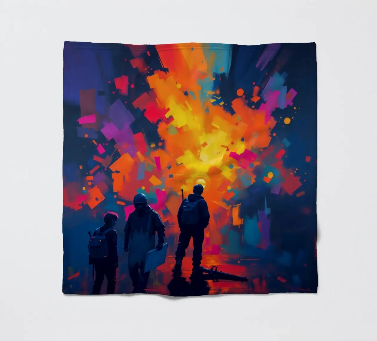 Tre figure guardano una vibrante esplosione di colore in mezzo a coperta in pile da DesignDoodle