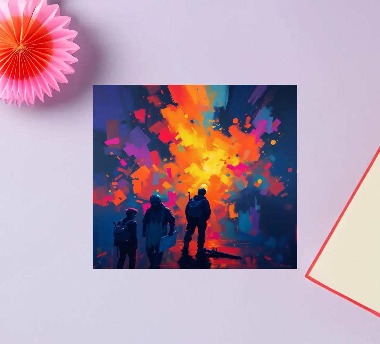 Three figures gaze at a vibrant explosion of color amidst sticker by DesignDoodle