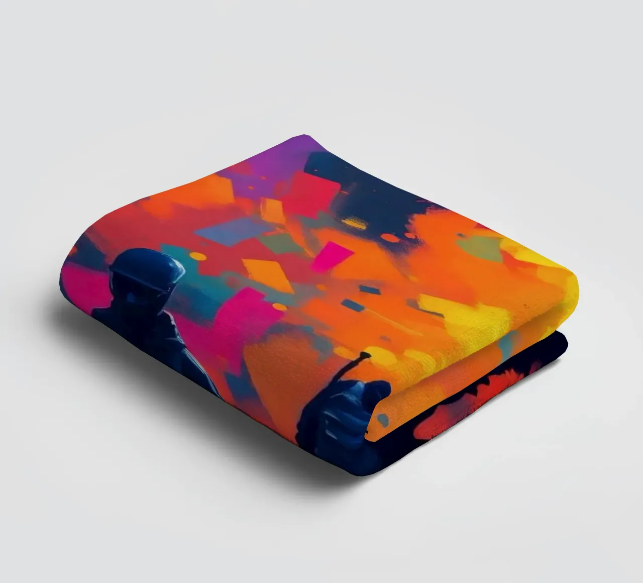 Tre figure guardano una vibrante esplosione di colore in mezzo a asciugamano da bagno da DesignDoodle