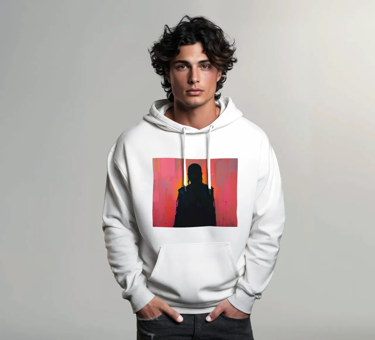 Silhouette di una figura su un vivace sfondo astratto felpa con cappuccio da DesignDoodle
