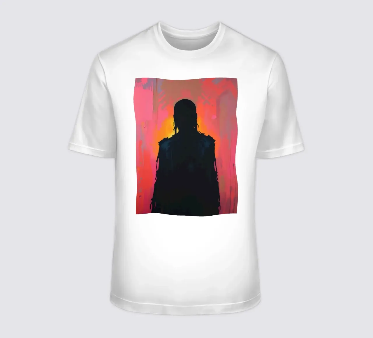 Silhouette of a figure against vibrant abstract background t-shirt by DesignDoodle
