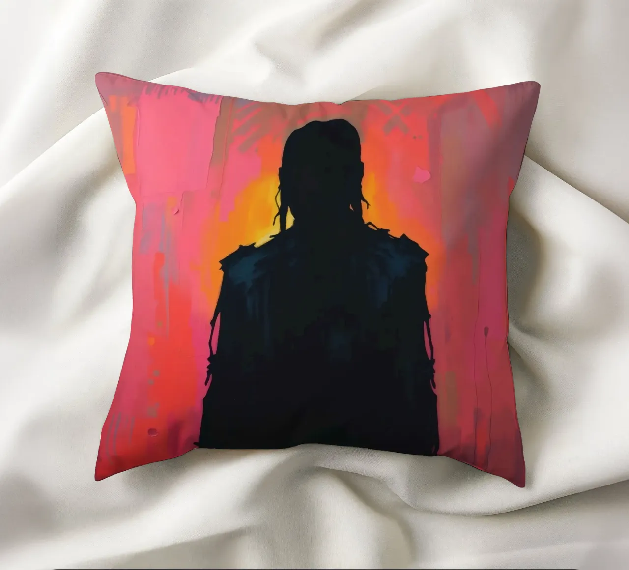 Silhouette di una figura su un vivace sfondo astratto cuscino da DesignDoodle