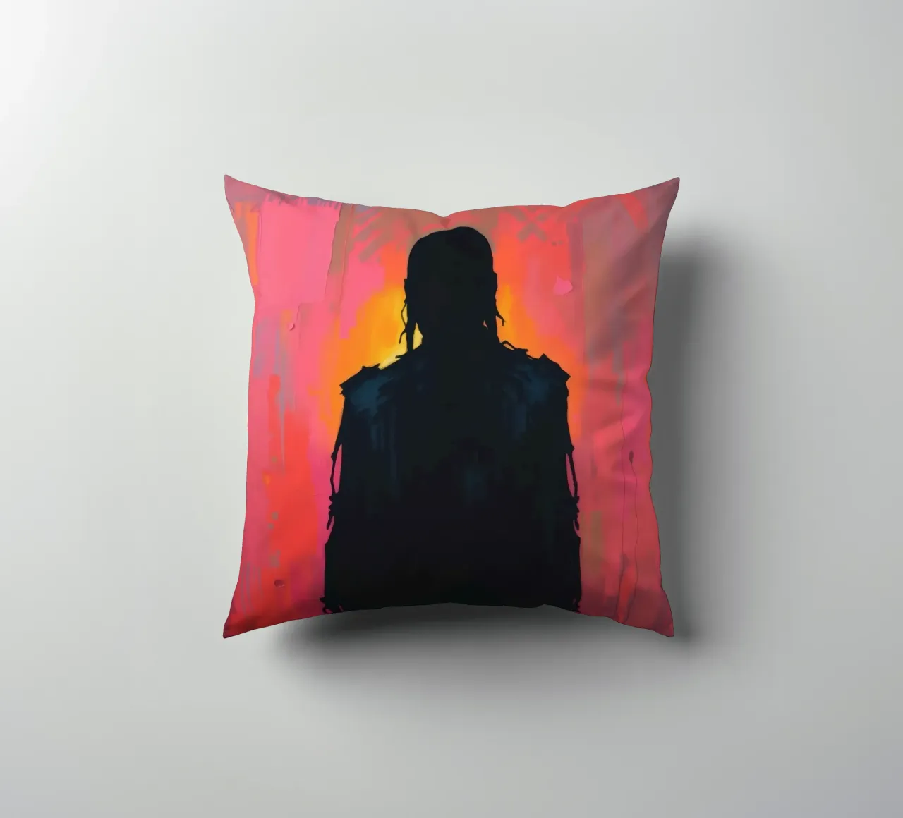 Silhouette di una figura su un vivace sfondo astratto cuscino da DesignDoodle