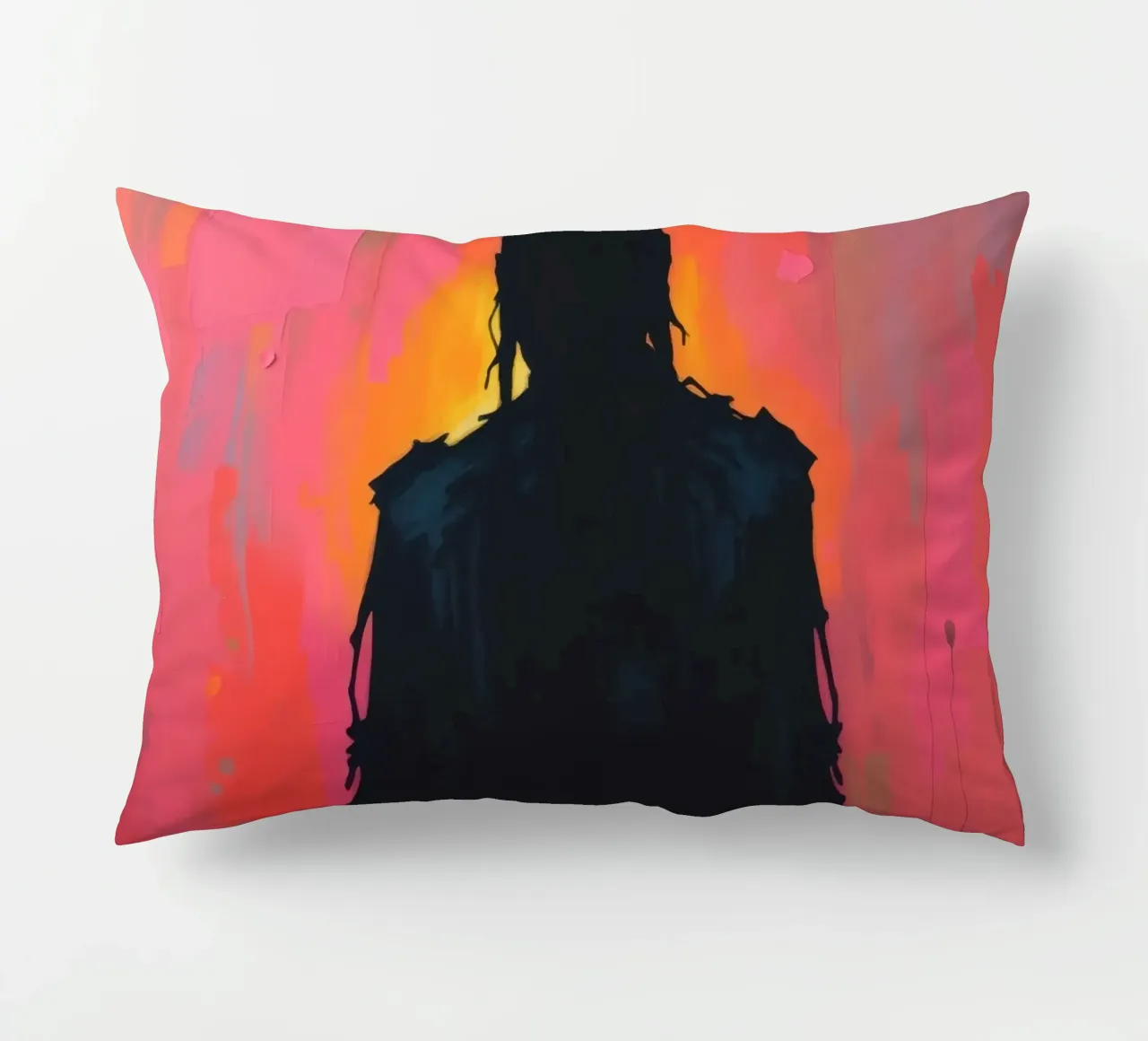 Silhouette di una figura su un vivace sfondo astratto cuscino da DesignDoodle