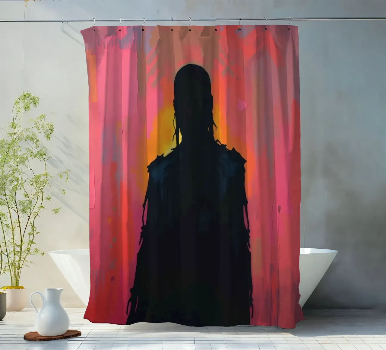 Silhouette di una figura su un vivace sfondo astratto tenda da doccia da DesignDoodle