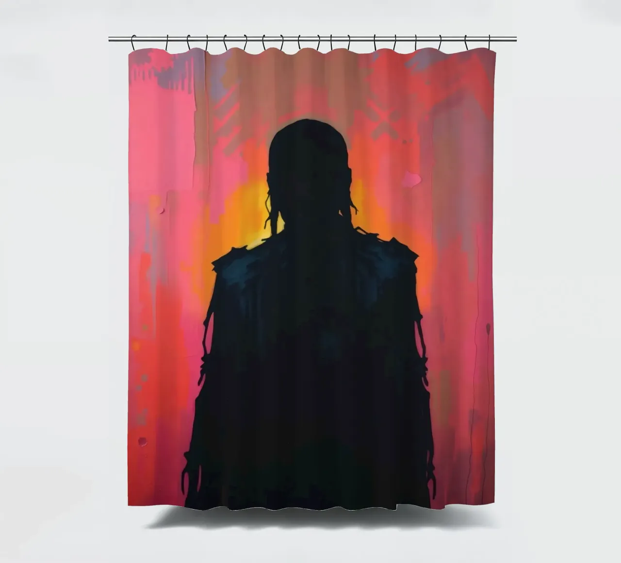 Silhouette di una figura su un vivace sfondo astratto tenda da doccia da DesignDoodle