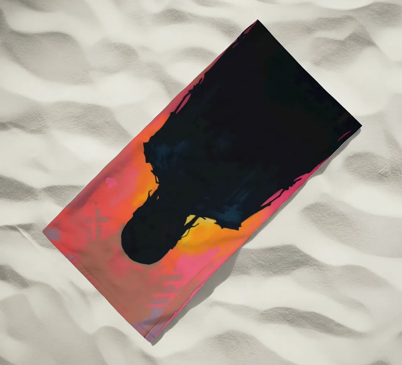 Silhouette di una figura su un vivace sfondo astratto telo mare da DesignDoodle