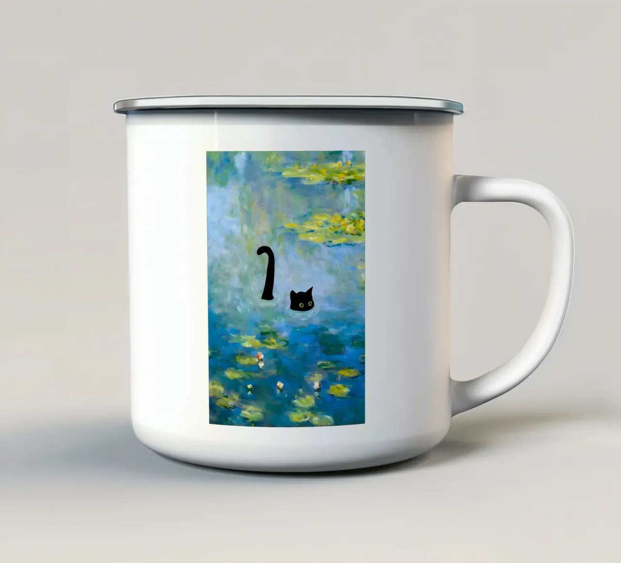 gatto di stagno gatto nero occhi gialli acqua tazza in smalto da Quinten Tibbetts-Minimalist