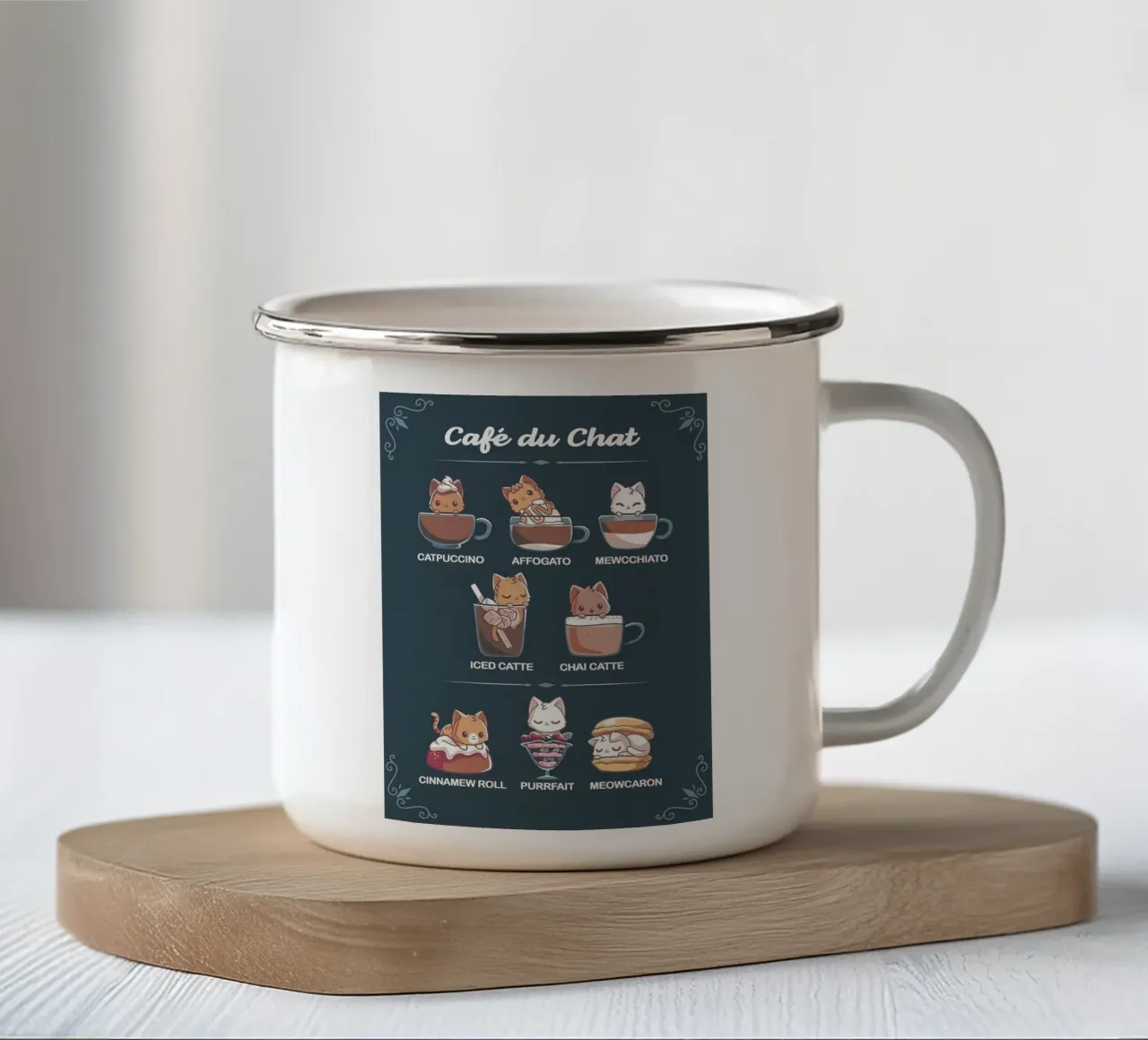 cafe cat cafe menu taza de esmalte de Quinten Tibbetts-Minimalist