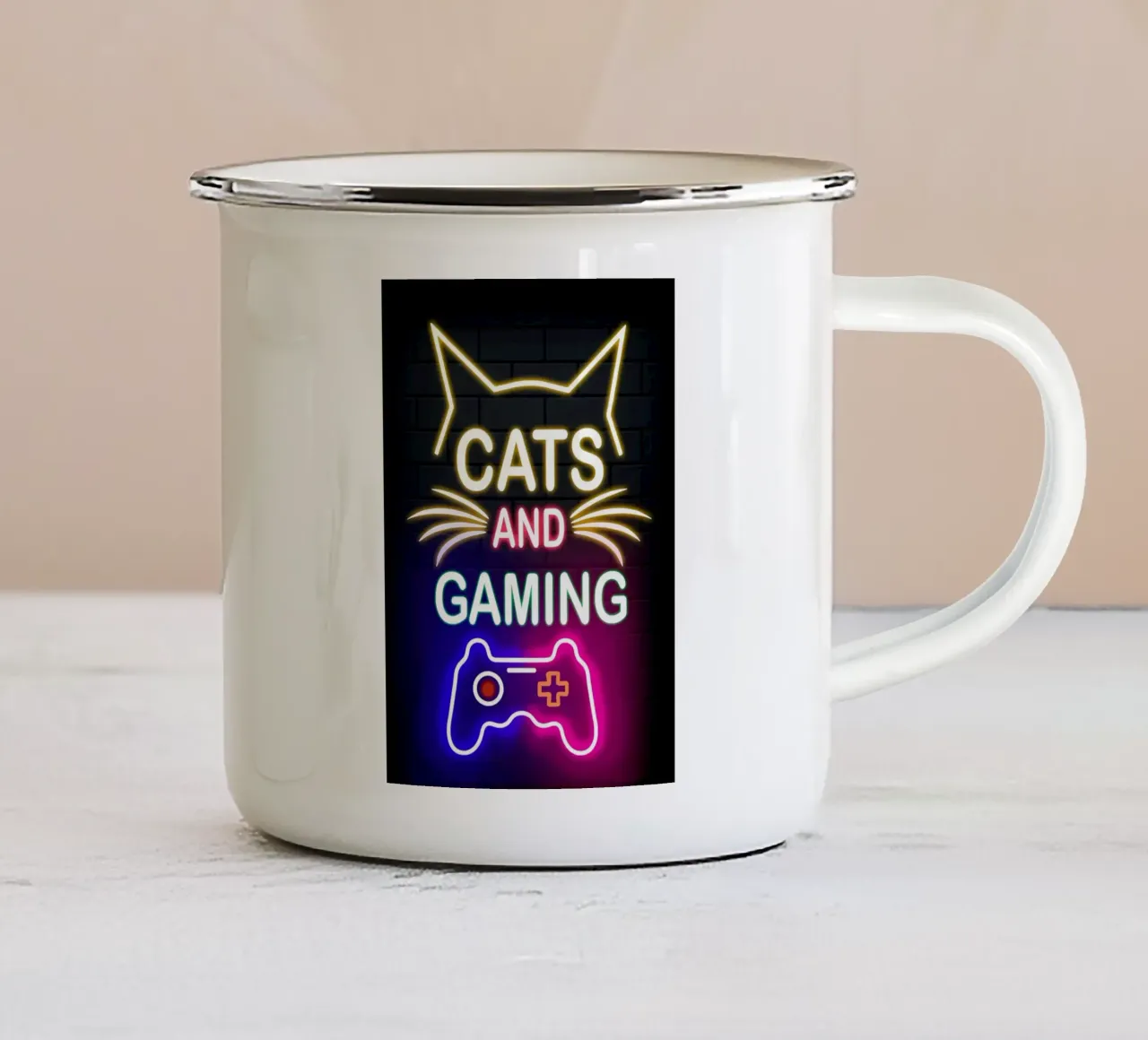 controller di gioco per gatti al neon tazza in smalto da Quinten Tibbetts-Minimalist
