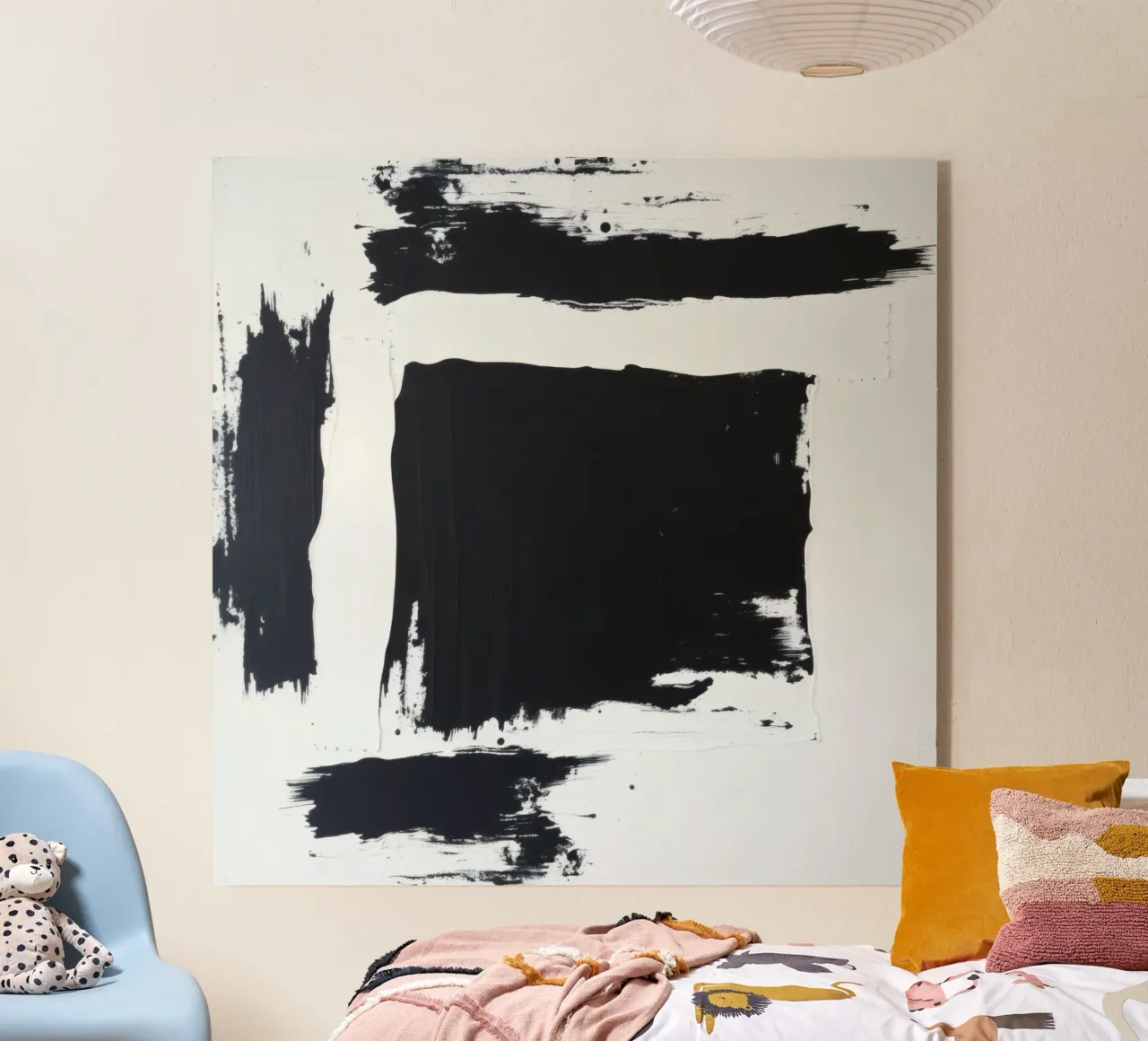 Opera d'arte astratta in bianco e nero con pennellate decise plexiglass da DesignDoodle