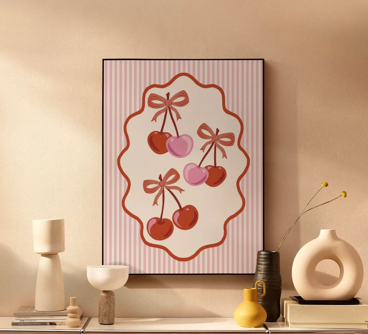 Coquette cherries with ribbons and pink stripes metacrilato de Vivdesign