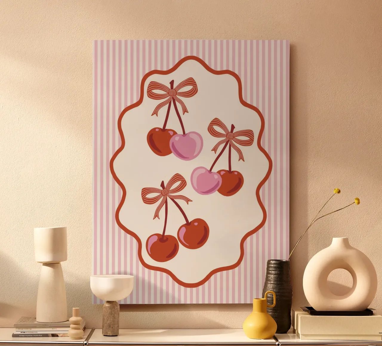 Coquette cherries with ribbons and pink stripes alluminio dibond da Vivdesign