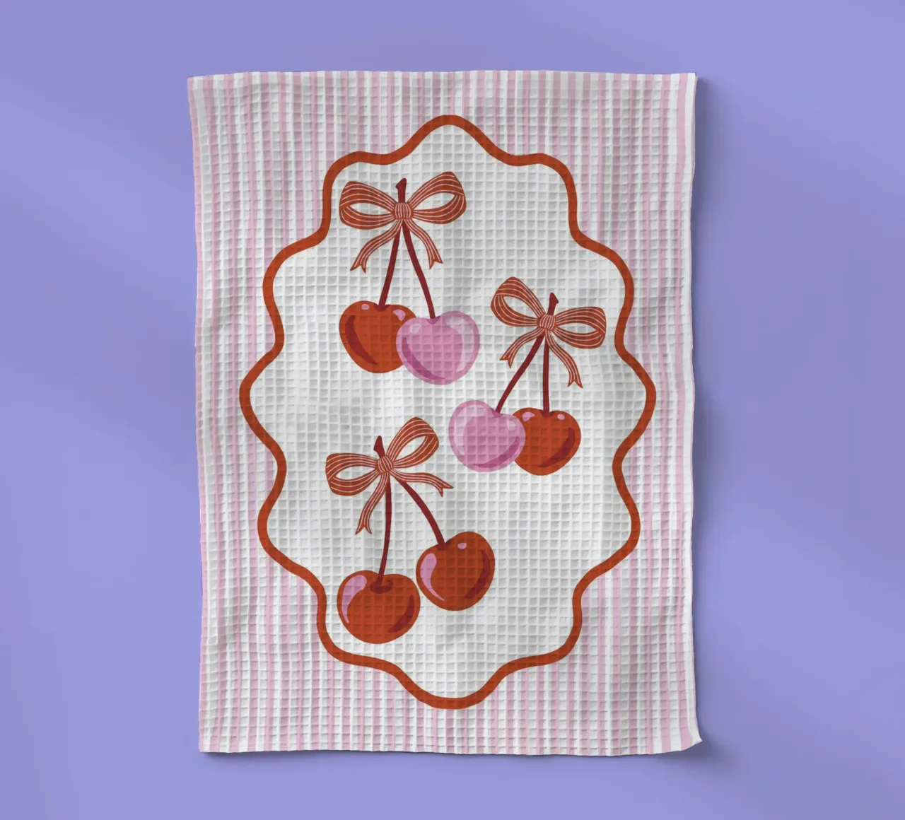 Coquette cherries with ribbons and pink stripes canovaccio da cucina da Vivdesign