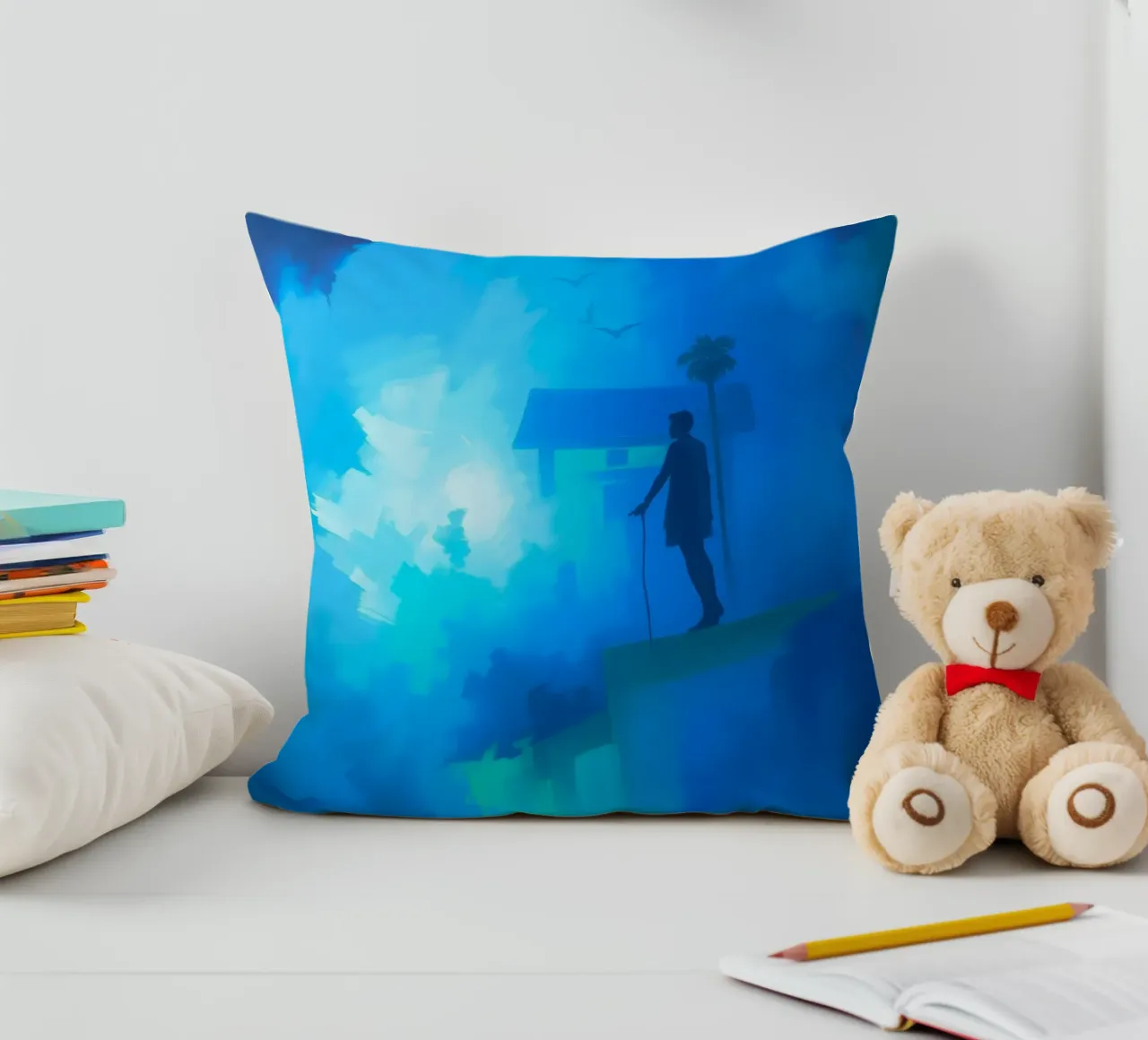 Una figura solitaria si trova su una scogliera e guarda in un paesaggio nebbioso. cuscino da DesignDoodle