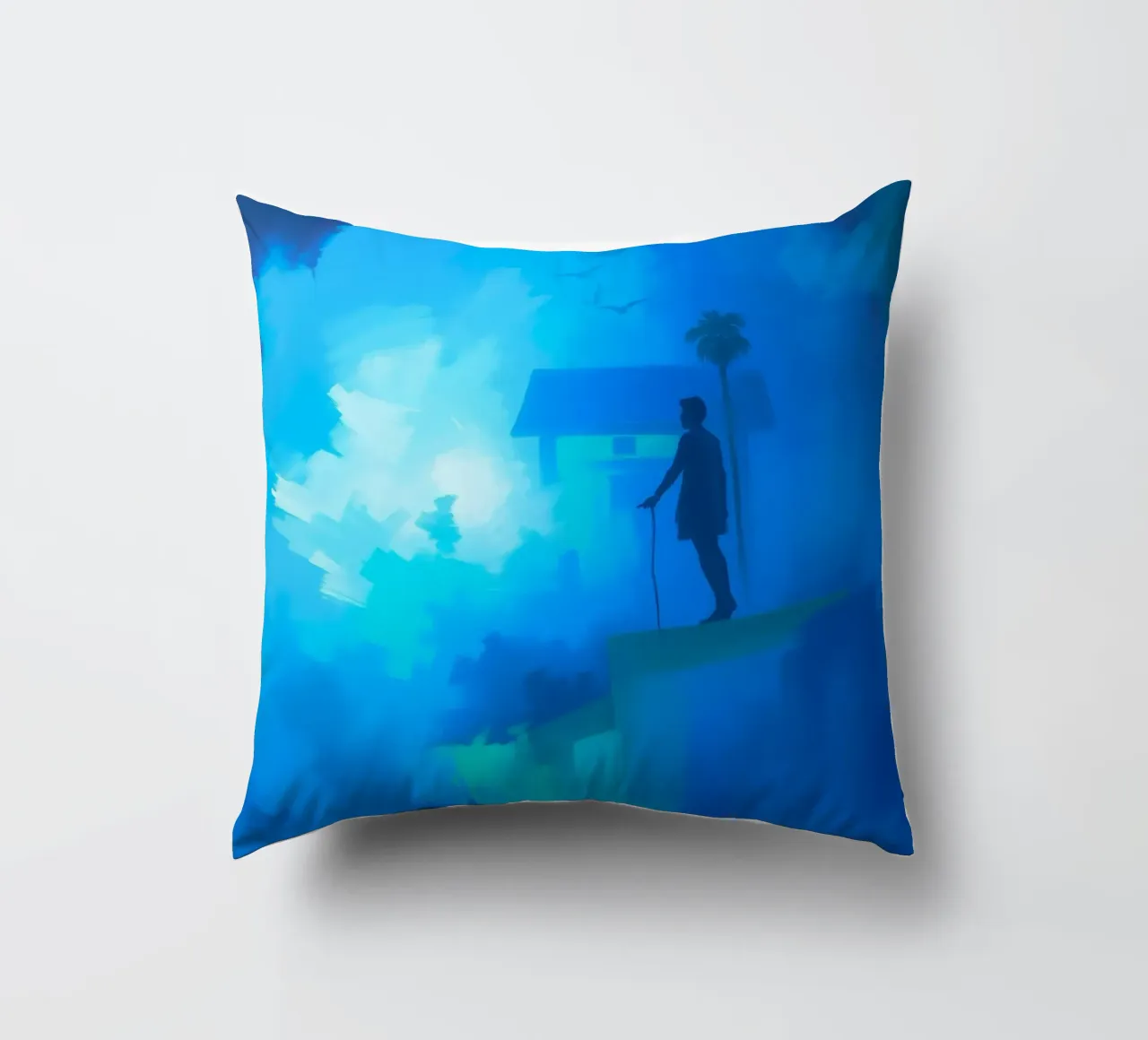 Una figura solitaria si trova su una scogliera e guarda in un paesaggio nebbioso. cuscino da DesignDoodle
