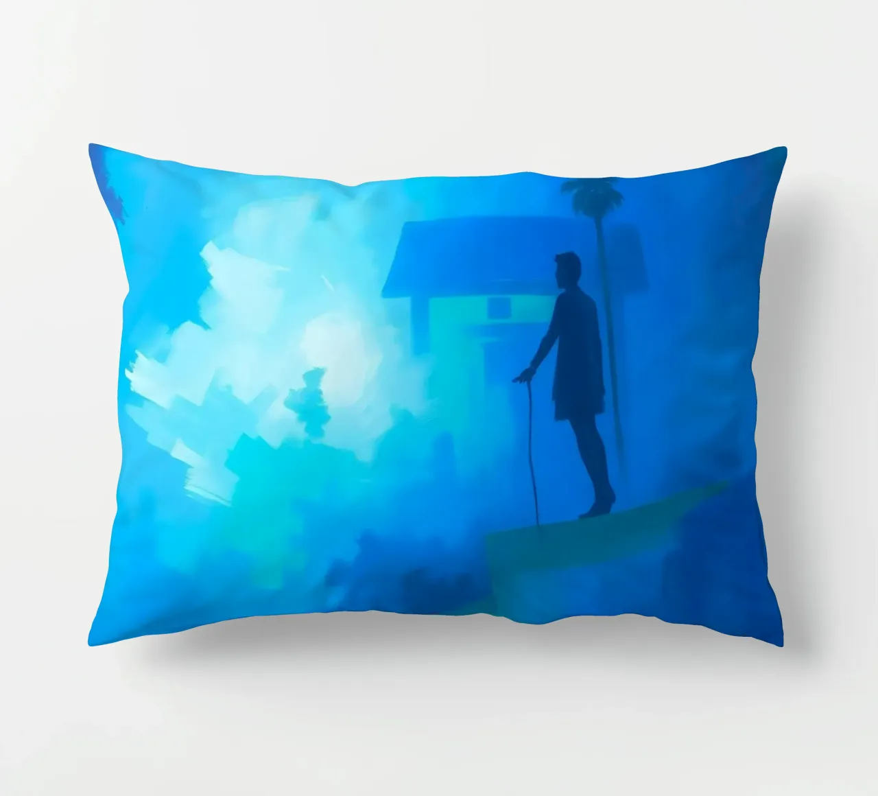 Una figura solitaria si trova su una scogliera e guarda in un paesaggio nebbioso. cuscino da DesignDoodle