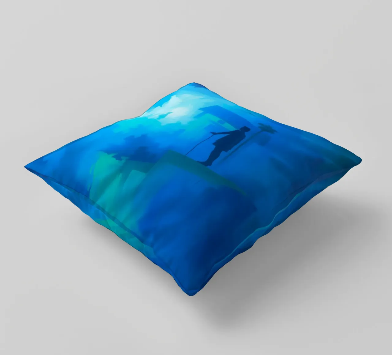 Una figura solitaria si trova su una scogliera e guarda in un paesaggio nebbioso. cuscino da DesignDoodle