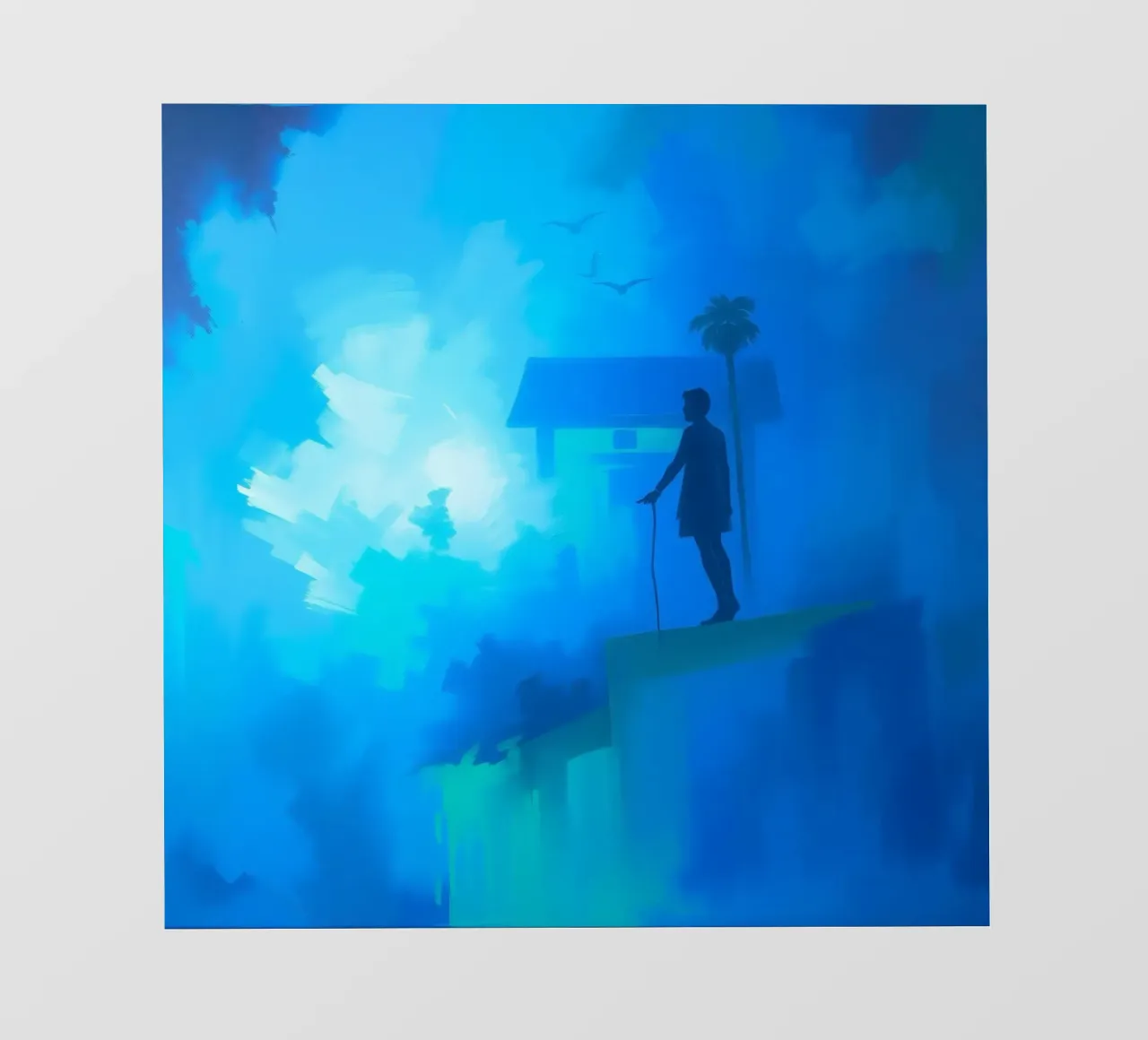 Una figura solitaria si trova su una scogliera e guarda in un paesaggio nebbioso. telo in pvc da DesignDoodle