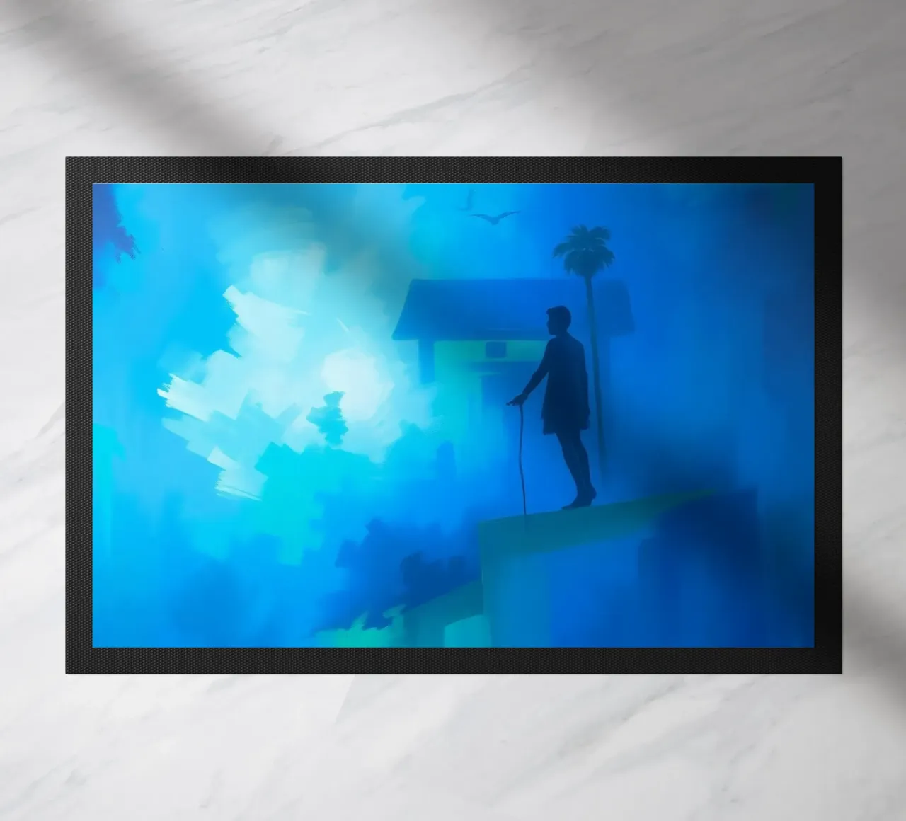 Una figura solitaria si trova su una scogliera e guarda in un paesaggio nebbioso. zerbino da DesignDoodle