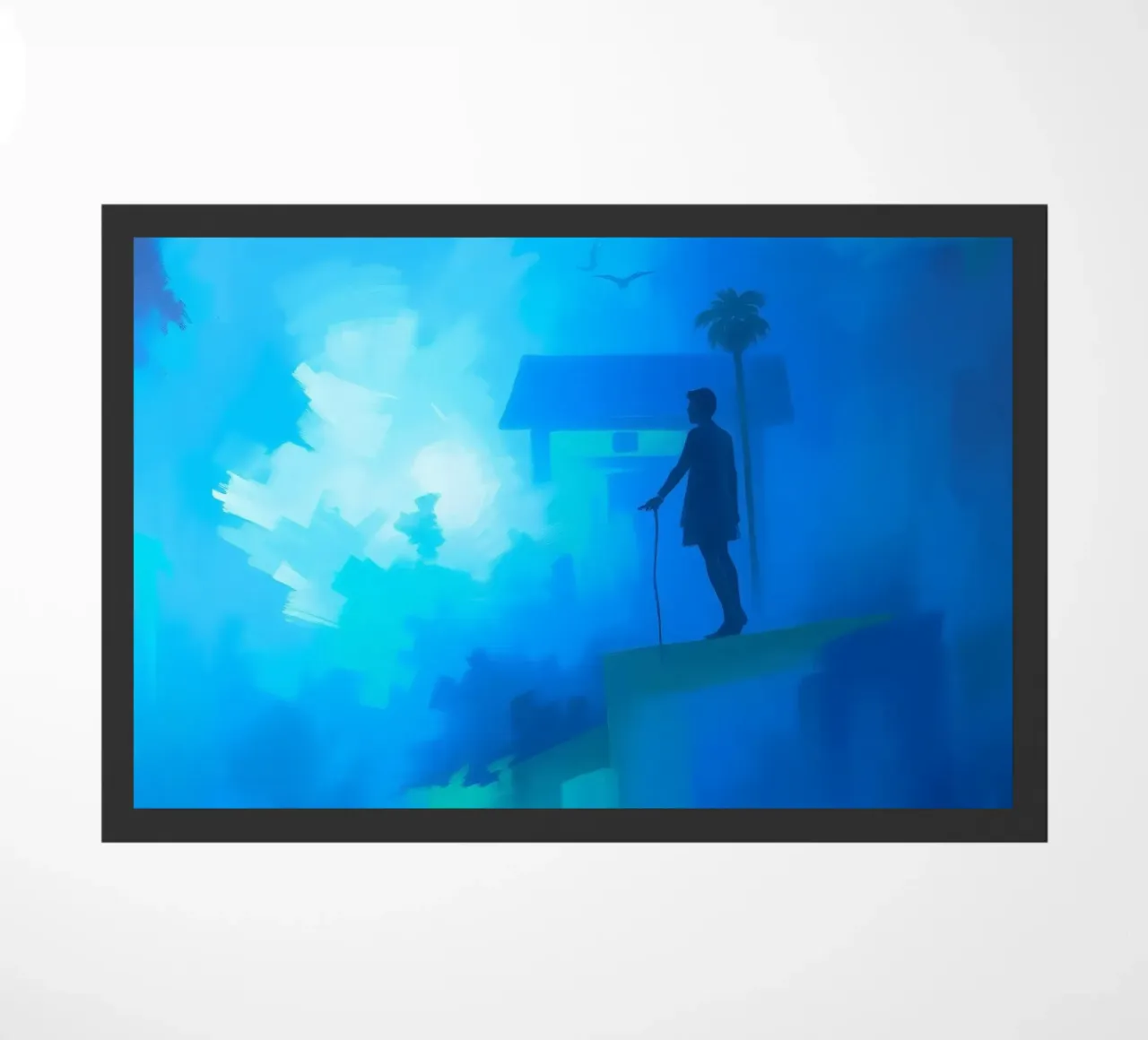 Una figura solitaria si trova su una scogliera e guarda in un paesaggio nebbioso. zerbino da DesignDoodle