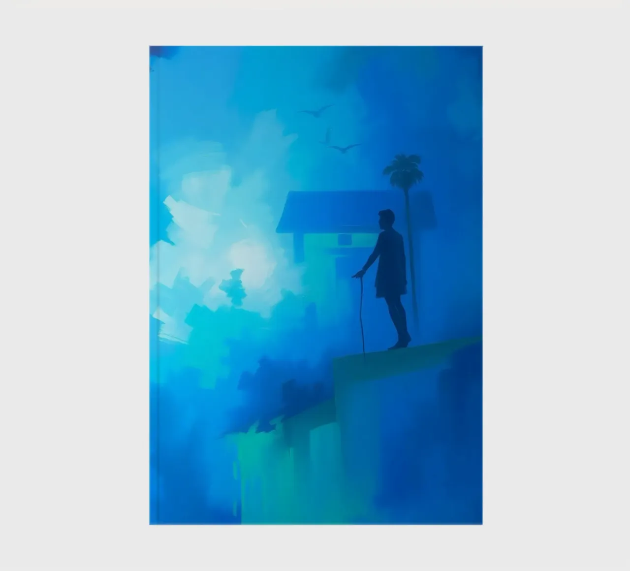 Solo figure stands on a cliff, gazing into a misty landscape notebook by DesignDoodle