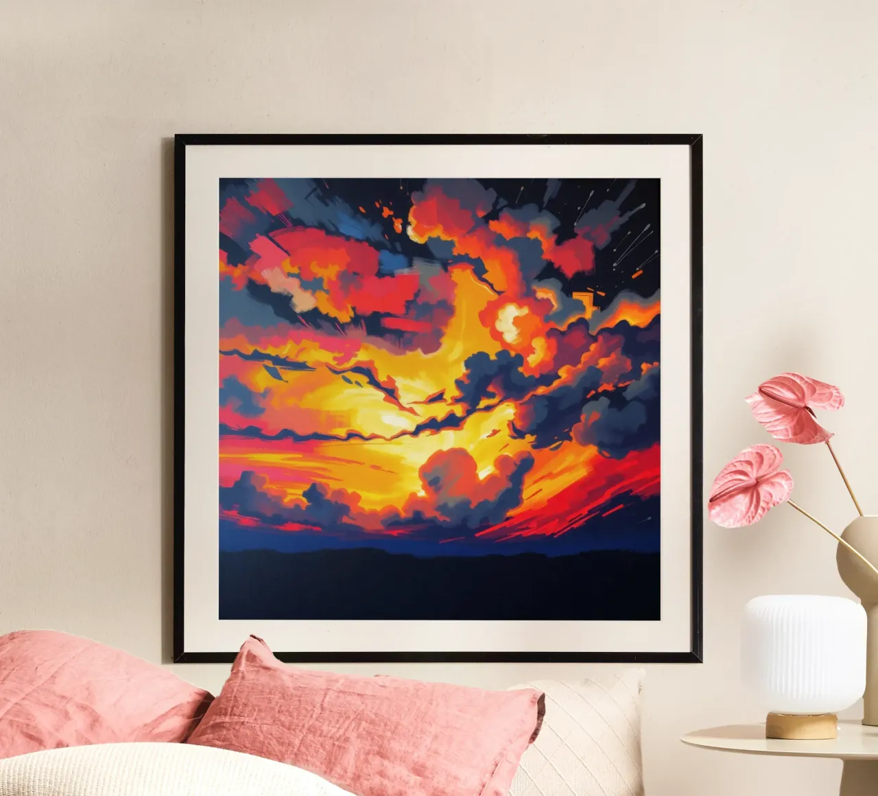 Vivace paesaggio al tramonto con nuvole che illuminano il paesaggio poster da DesignDoodle
