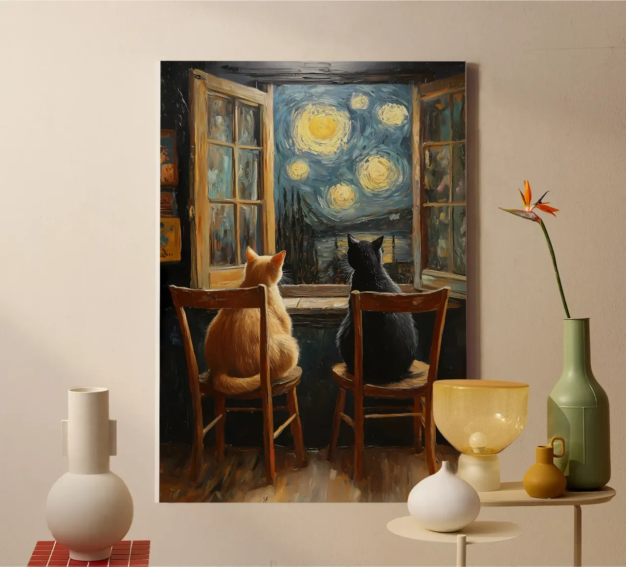 gatti finestre sedie cielo notturno stelle tela con Cornice a cassetta da Paul Vasquez