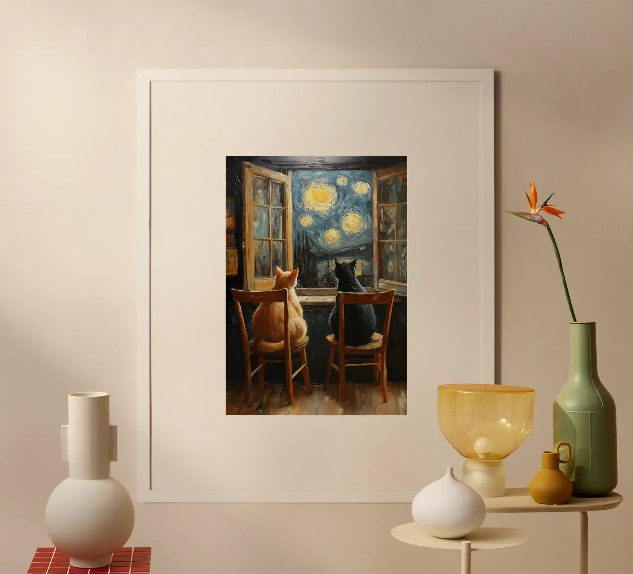 gatti finestre sedie cielo notturno stelle poster con telaio in alluminio da Paul Vasquez