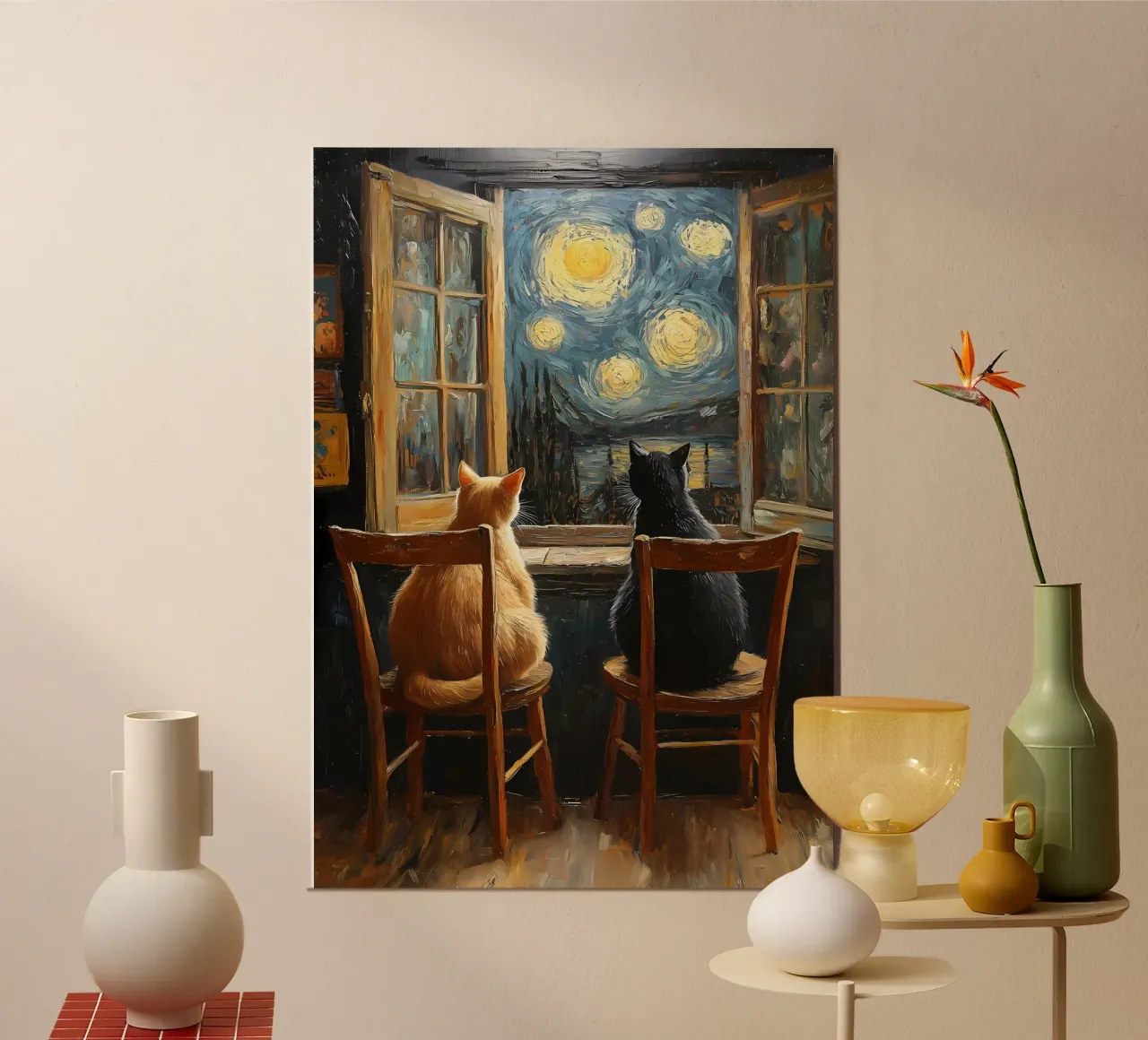 gatti finestre sedie cielo notturno stelle poster con telaio in alluminio da Paul Vasquez