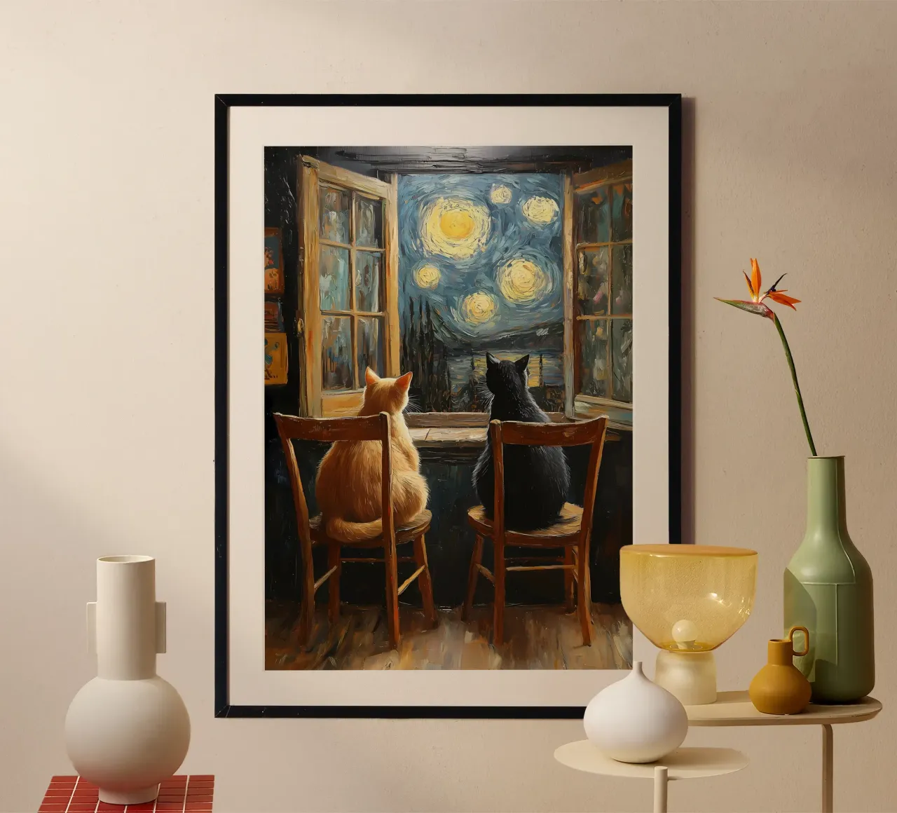 gatti finestre sedie cielo notturno stelle poster con telaio in alluminio da Paul Vasquez