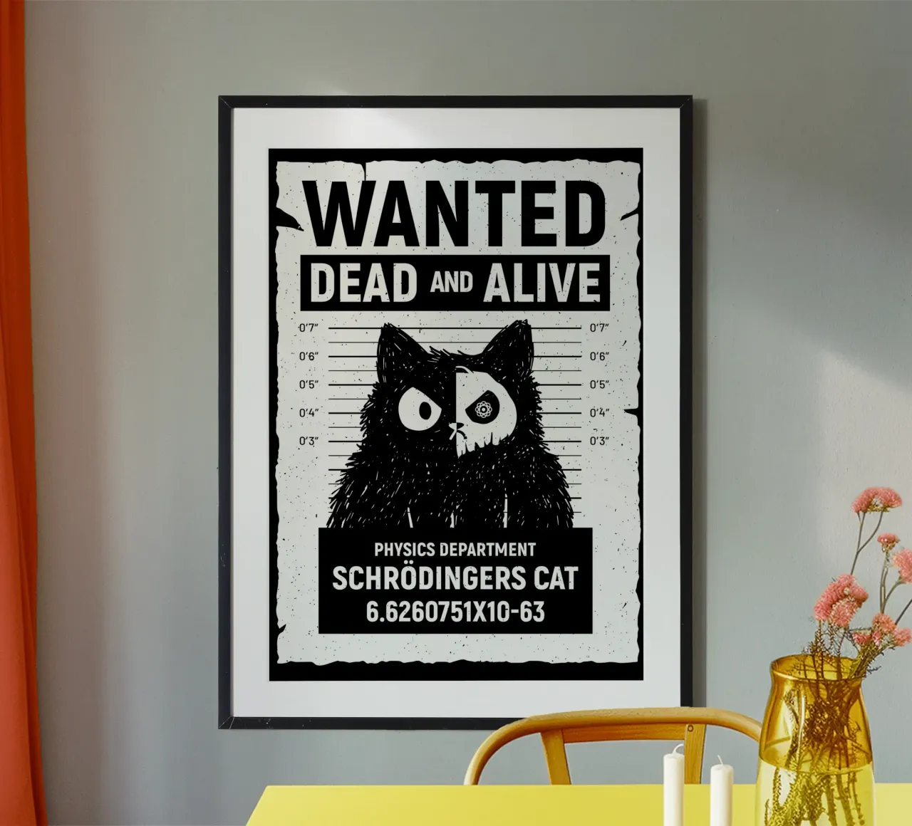 ricercato poster gatto nero gatto mezzo scheletro poster con telaio in alluminio da Paul Vasquez