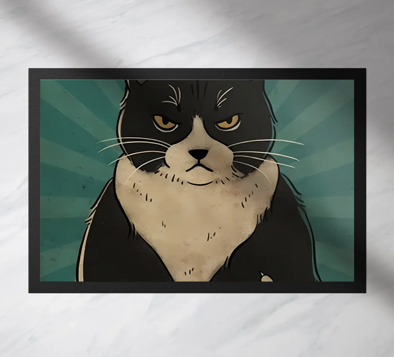 cat tuxedo cat grumpy expression black fur doormat by Paul Vasquez