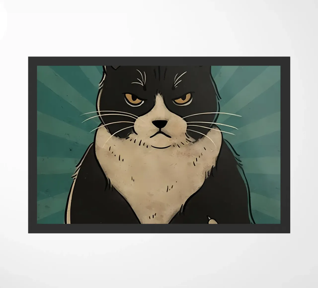 cat tuxedo cat grumpy expression black fur doormat by Paul Vasquez
