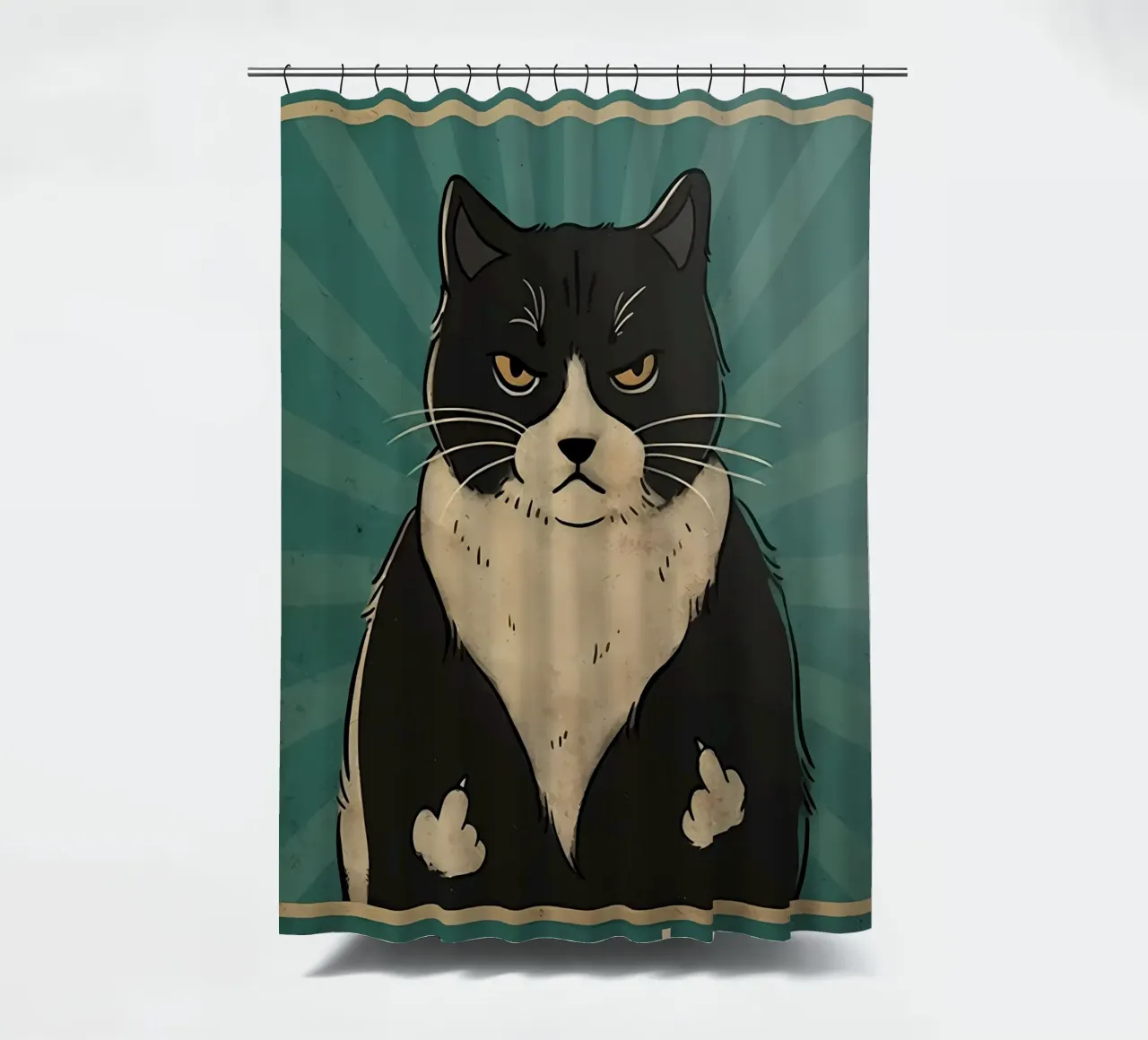 cat tuxedo cat grumpy expression black fur shower curtain by Paul Vasquez