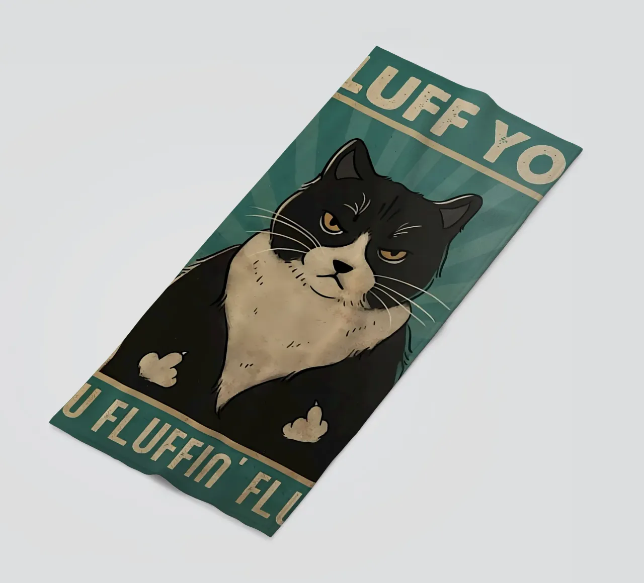 cat tuxedo cat grumpy expression black fur beach towel by Paul Vasquez