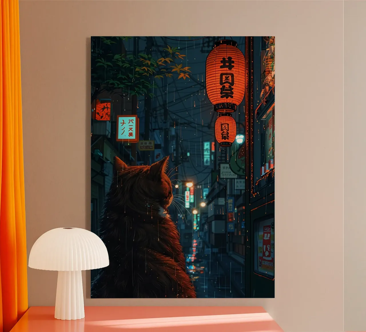 gatto lanterne pioggia scena notturna plexiglass da Paul Vasquez