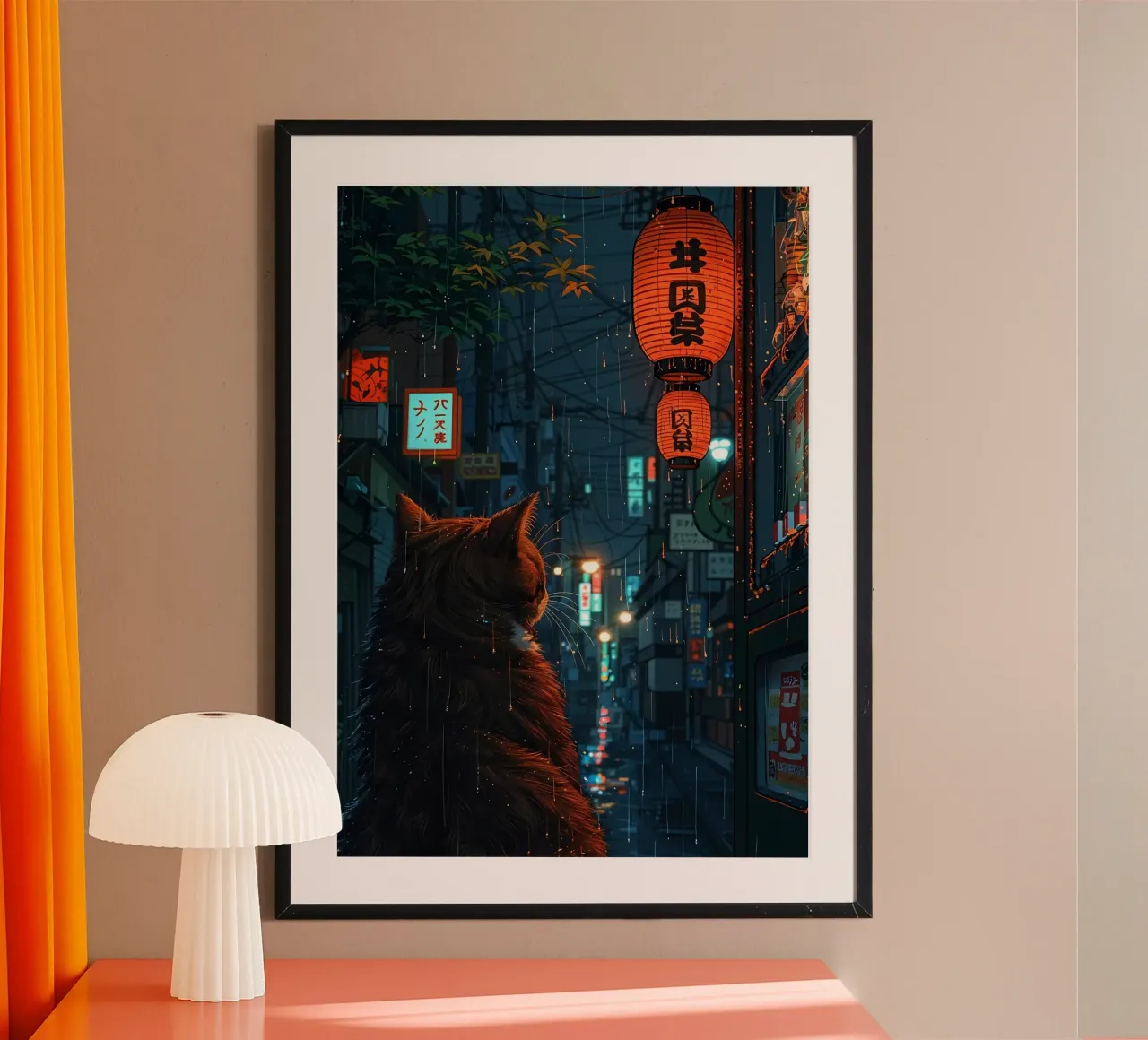 gatto lanterne pioggia scena notturna poster da Paul Vasquez